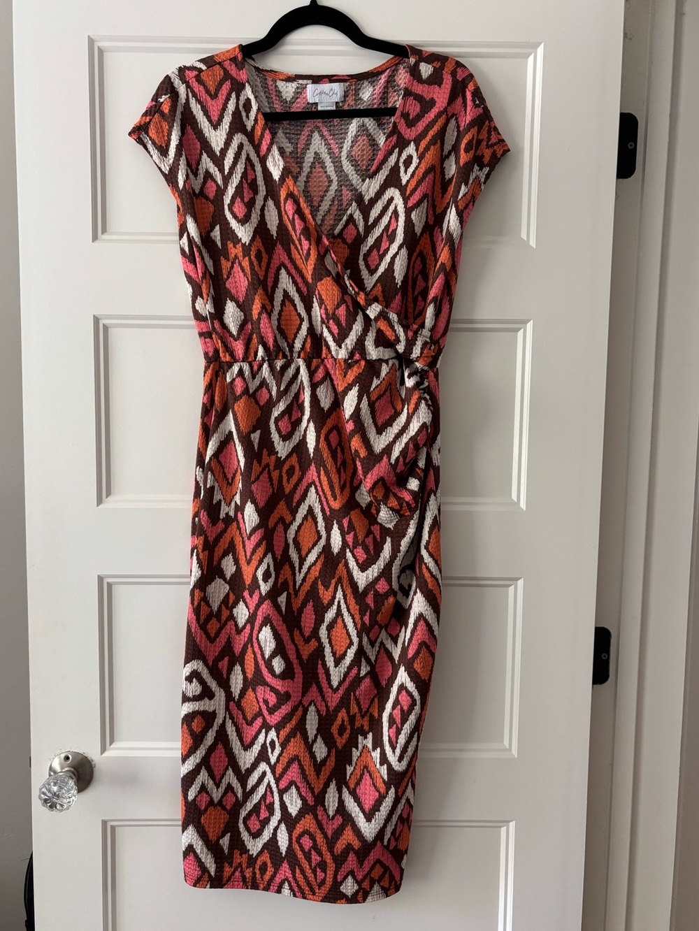 Cotton Club Wrap-Style Geometric Print Dress in Pink, Orange & Brown